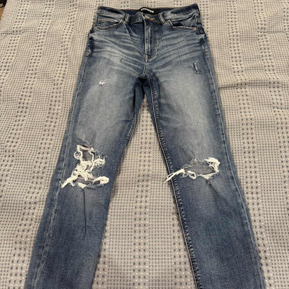 Express Blue Skinny Jeans with Distressed Details